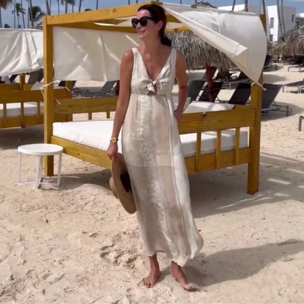 TRAVIS MATHEW City To Shore Tie Front Maxi Dress In Brazilian Sand Sz Medium